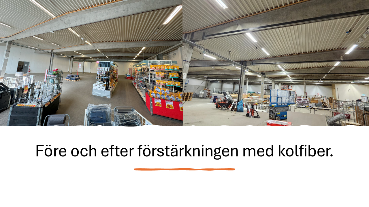 Takförstärkning med kolfiber säkrar ICAs lager i Nybro för nya laster och solceller – smart uppgradering av betongkonstruktion.