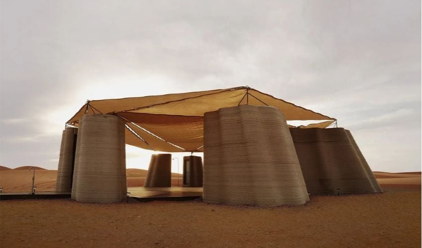designRESERVE:s modulära 3D utskrivna betongenheter i Tenger öknen visar vägen för prefabricerad byggnation i extrema miljöer.