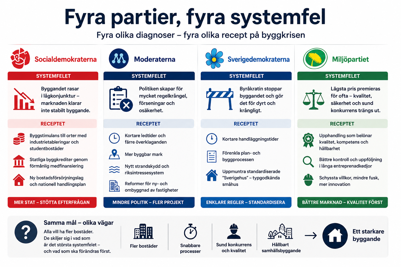 Byggkrisen har flera systemfel. Partierna pekar på statligt stöd, regelkrångel, upphandling och sund konkurrens.
