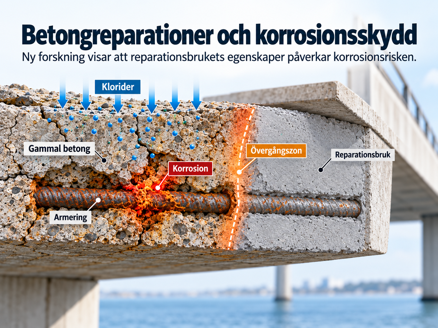 Ny forskning från RISE visar hur valet av reparationsbruk påverkar korrosion i betong, armeringens skydd och livslängden hos broar och anläggningar.